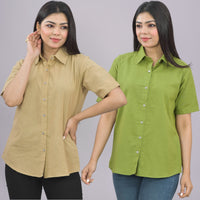 Pack Of 2 Womens Solid Beige And Olive Green Half Sleeve Cotton Shirts Combo