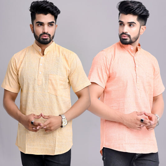 Pack of 2 Mens Solid Beige And Orange Khadi Cotton Short Kurta Combo