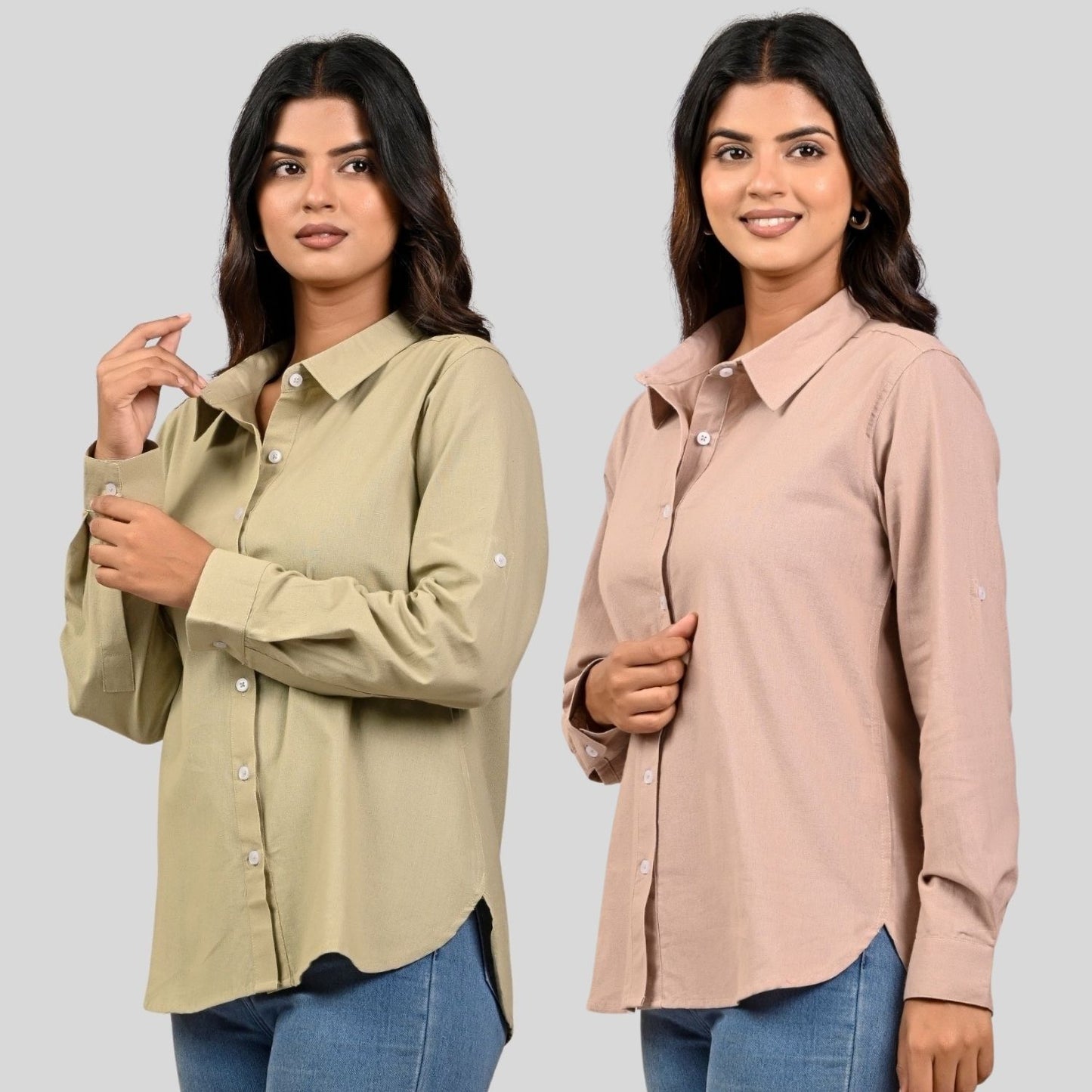 Women Beige And Peach Solid Airy Linen Cotton Shirts Combo