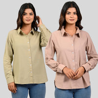 Women Beige And Peach Solid Airy Linen Cotton Shirts Combo