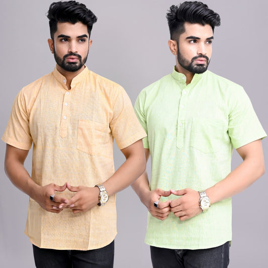 Pack of 2 Mens Solid Beige And Parrot Green Khadi Cotton Short Kurta Combo