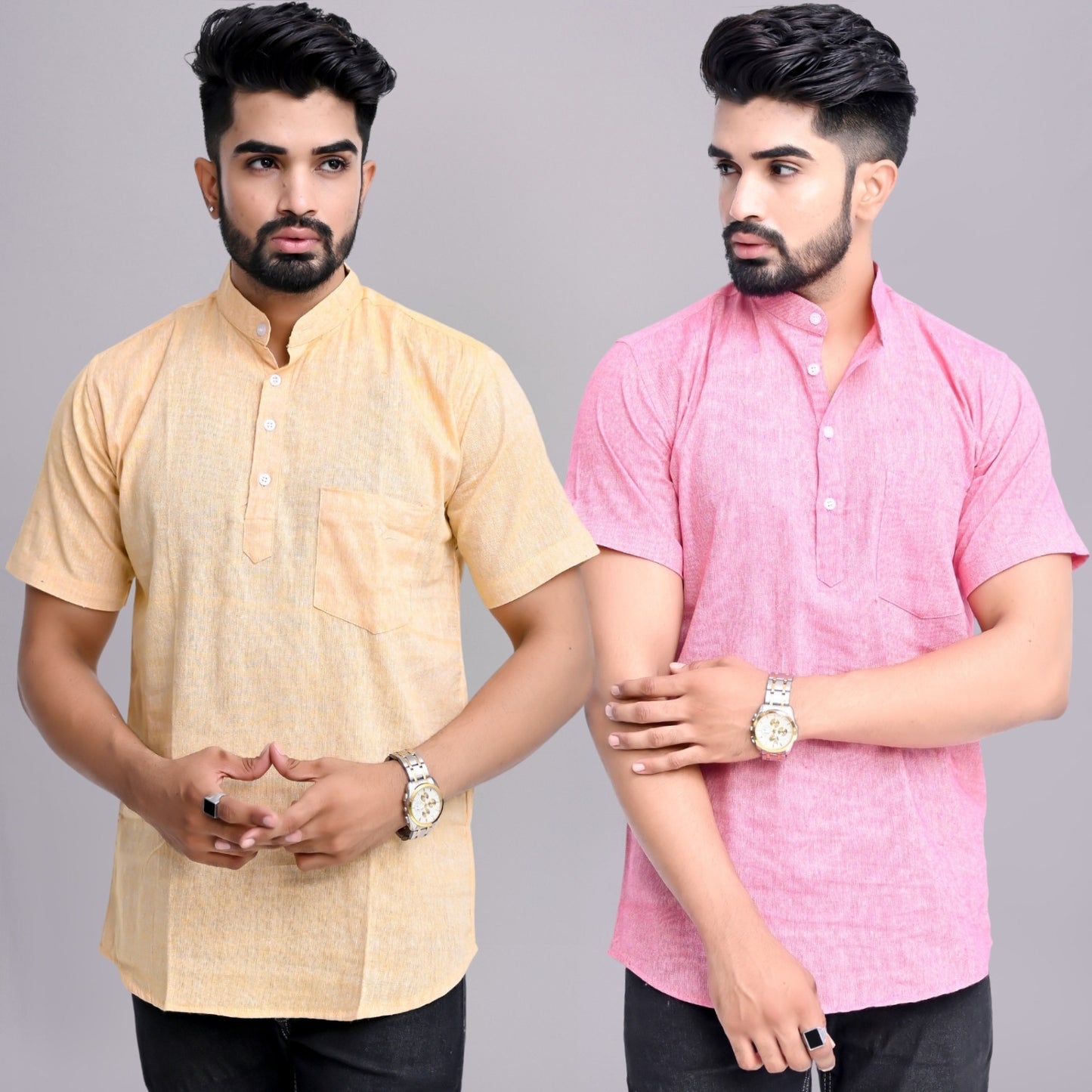 Pack of 2 Mens Solid Beige And Pink Khadi Cotton Short Kurta Combo