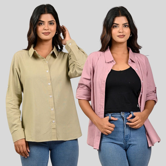 Women Beige And Pink Solid Airy Linen Cotton Shirts Combo