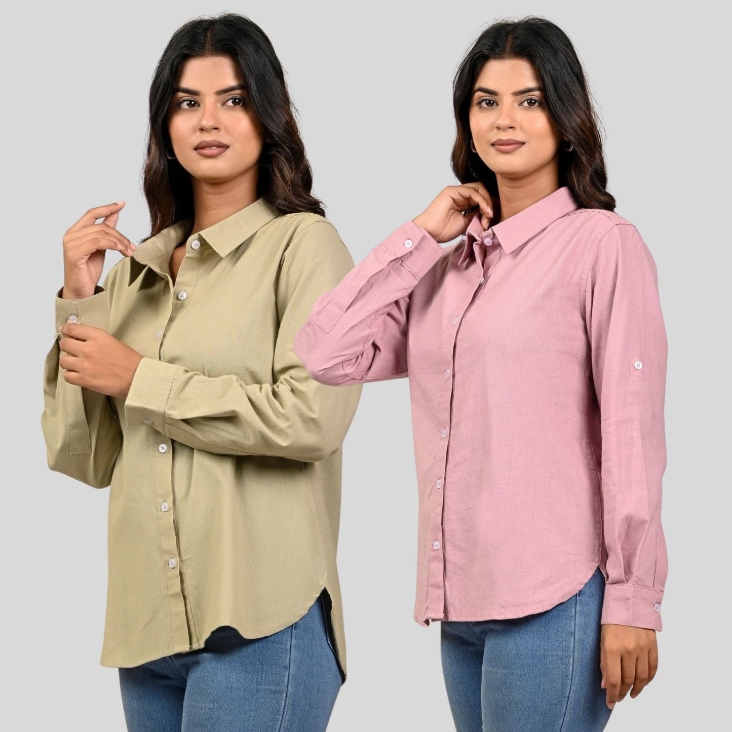 Women Beige And Pink Solid Airy Linen Cotton Shirts Combo