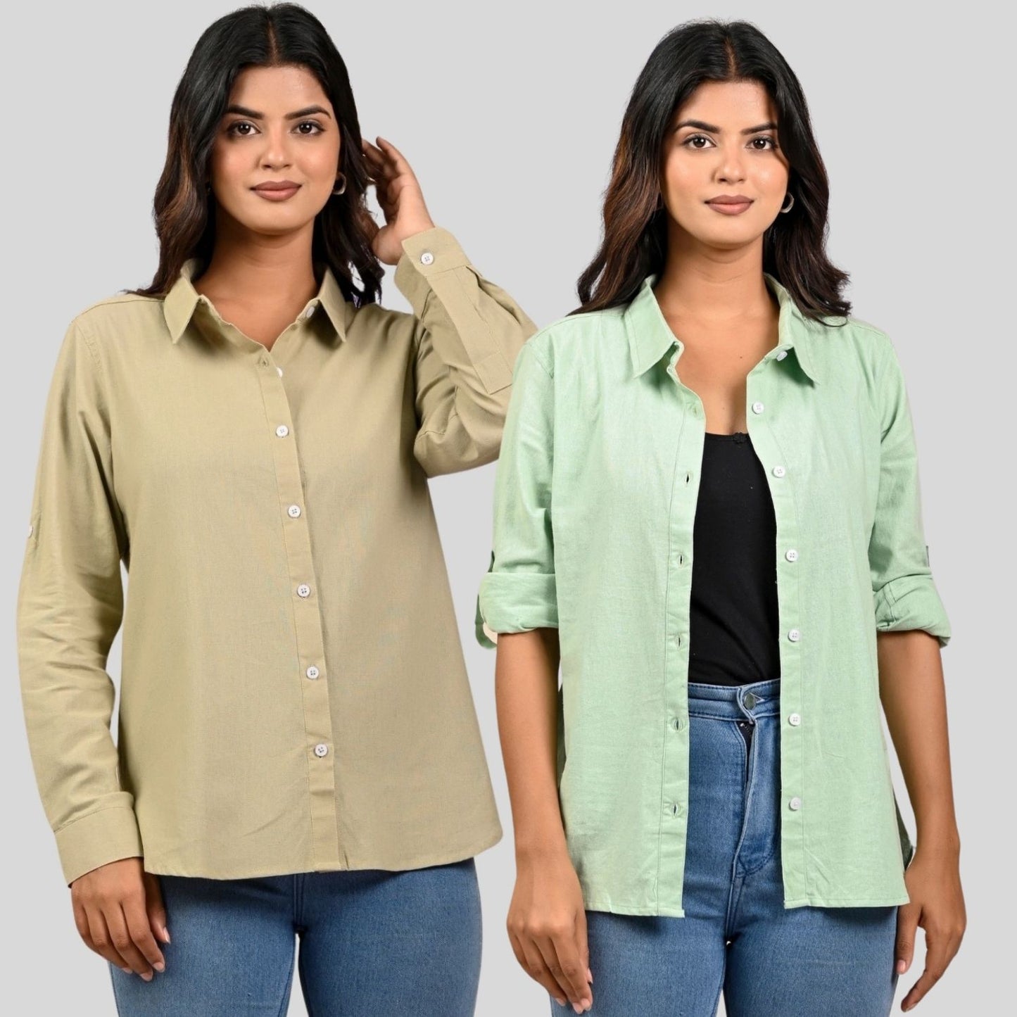 Women Beige And Pista Green Solid Airy Linen Cotton Shirts Combo