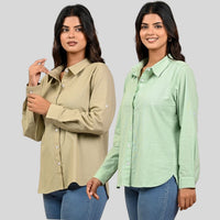 Women Beige And Pista Green Solid Airy Linen Cotton Shirts Combo