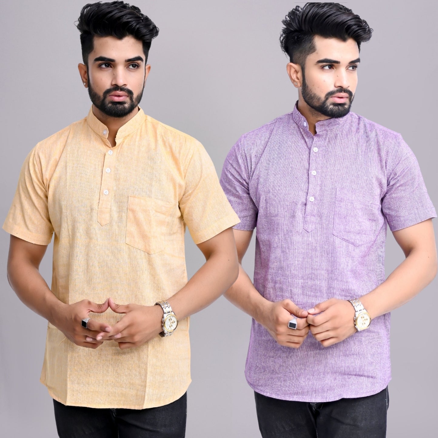 Pack of 2 Mens Solid Beige And Purple Khadi Cotton Short Kurta Combo