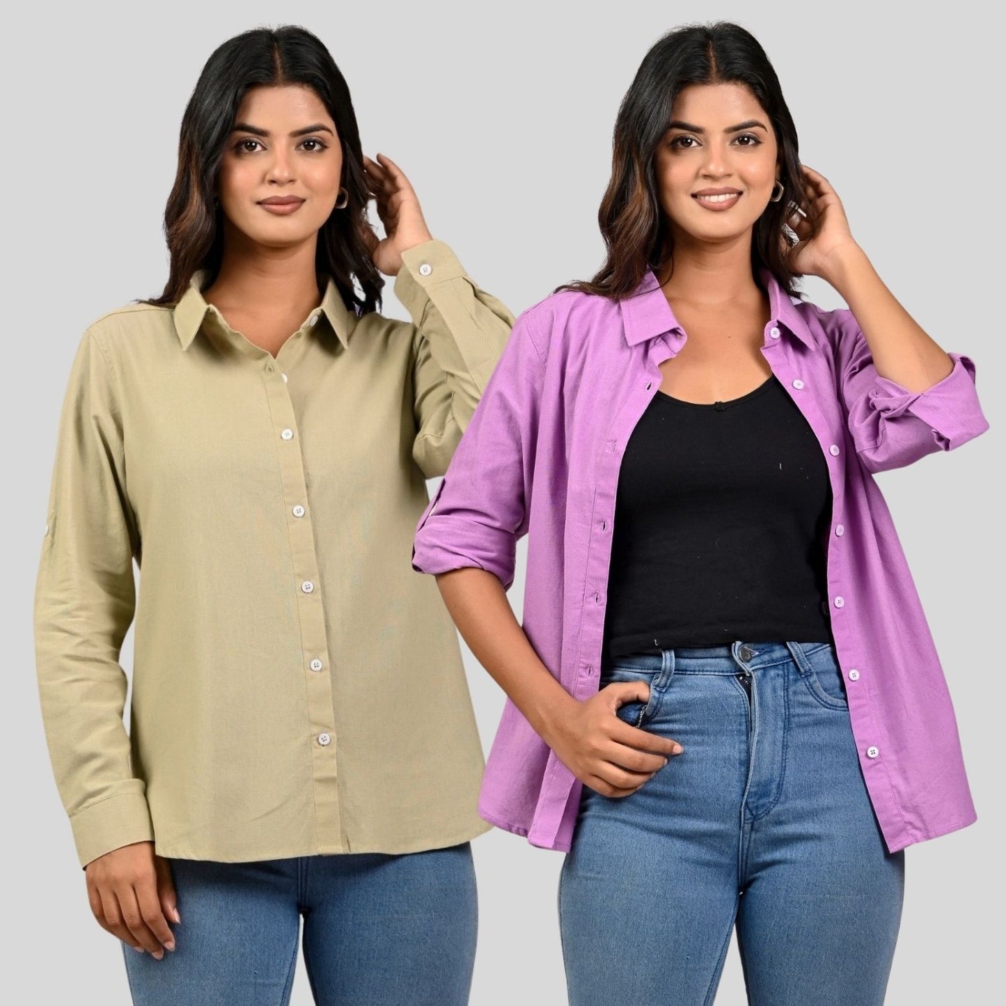 Women Beige And Purple Solid Airy Linen Cotton Shirts Combo