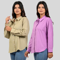 Women Beige And Purple Solid Airy Linen Cotton Shirts Combo