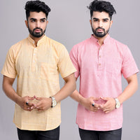 Pack of 2 Mens Solid Beige And Red Khadi Cotton Short Kurta Combo