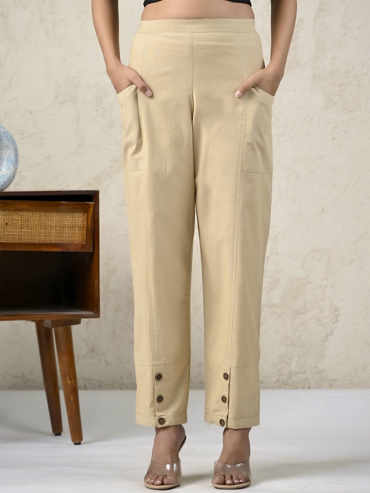 Womens Beige Side Pocket Pure Cotton Straight Cargo Pant