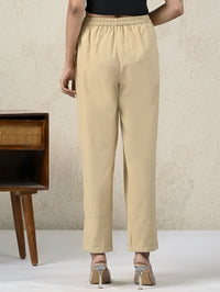 Womens Beige Side Pocket Pure Cotton Straight Cargo Pant