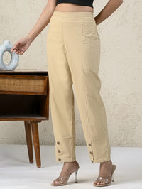 Womens Beige Side Pocket Pure Cotton Straight Cargo Pant