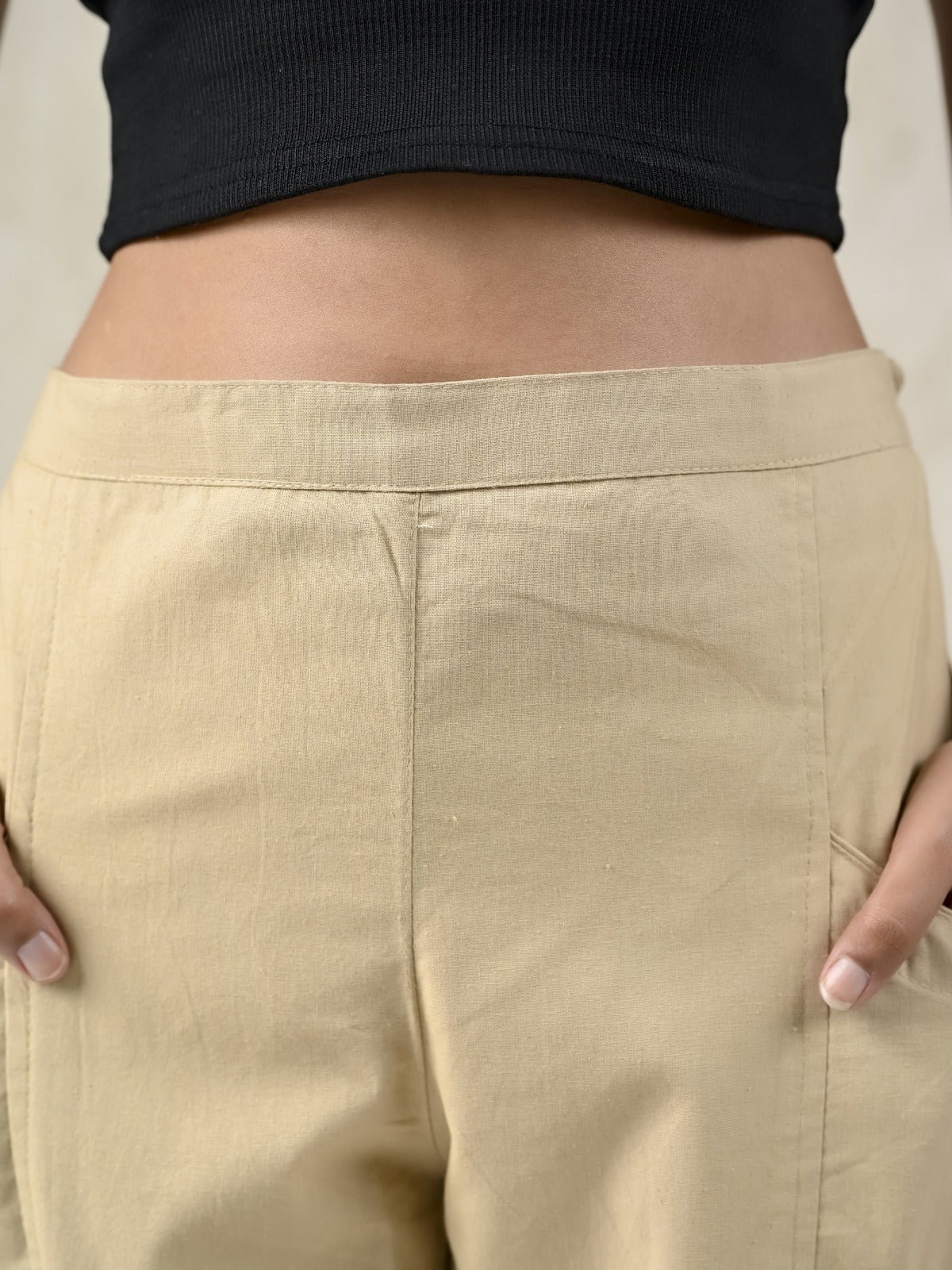 Womens Beige Side Pocket Pure Cotton Straight Cargo Pant