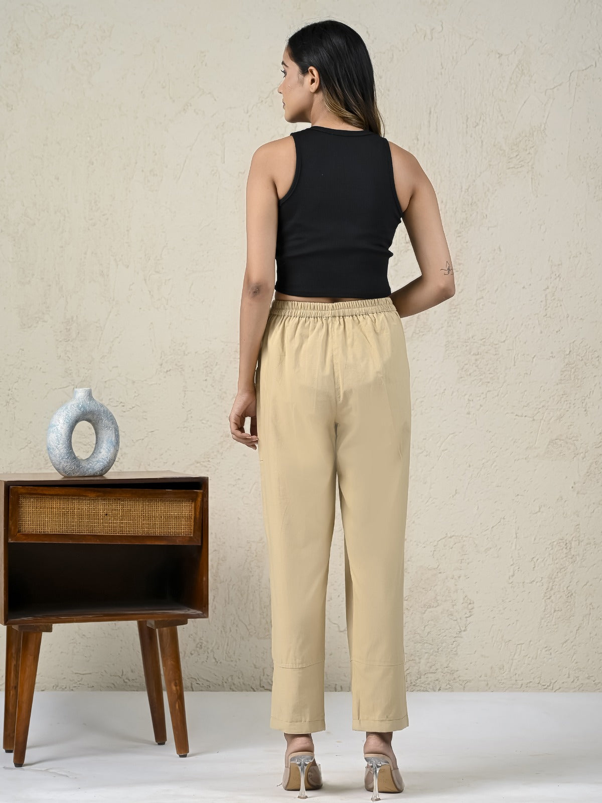 Womens Beige Side Pocket Pure Cotton Straight Cargo Pant