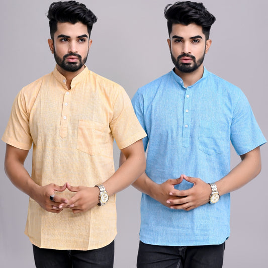 Pack of 2 Mens Solid Beige And Sky Blue Khadi Cotton Short Kurta Combo