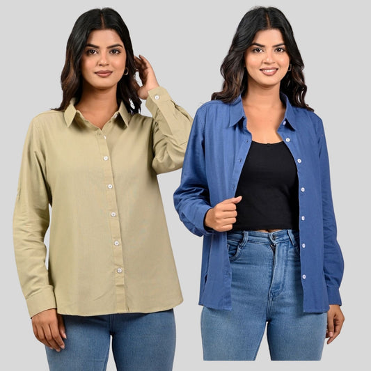 Women Beige And Teal Blue Solid Airy Linen Cotton Shirts Combo