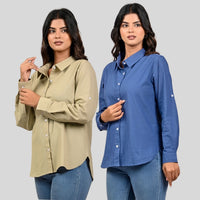 Women Beige And Teal Blue Solid Airy Linen Cotton Shirts Combo