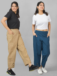 Combo Pack Of Womens Beige And Teal Blue Side Pocket Straight Cargo Pants