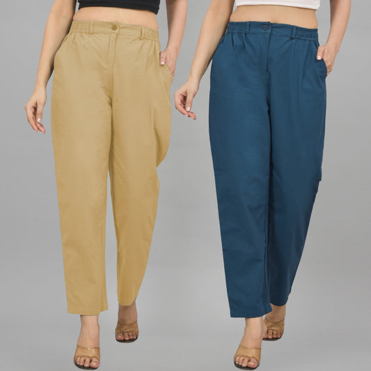 Combo Pack Of 2 Beige And Teal Blue Womens Cotton Formal Pants