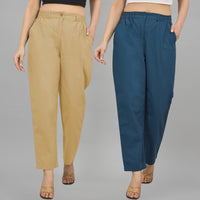Combo Pack Of 2 Beige And Teal Blue Womens Cotton Formal Pants