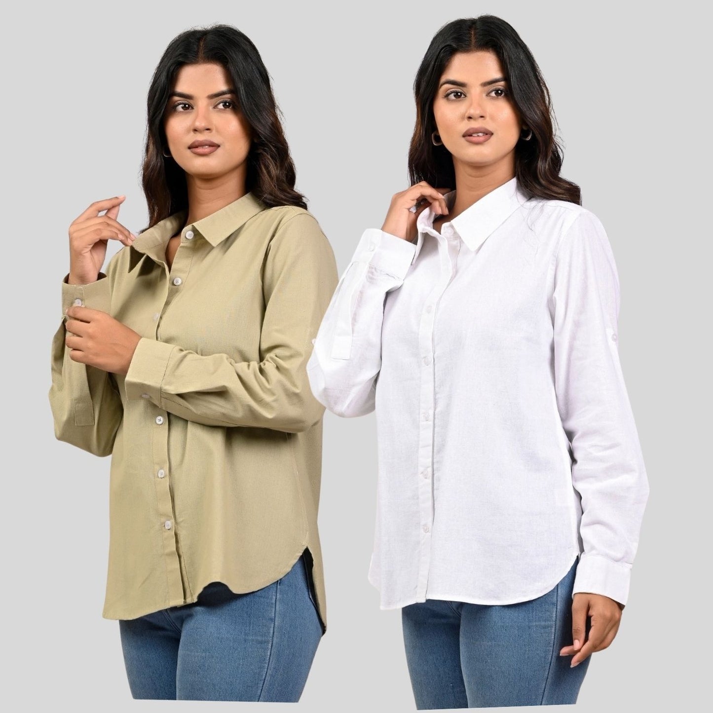 Women Beige And white Solid Airy Linen Cotton Shirts Combo