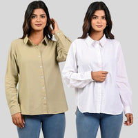 Women Beige And white Solid Airy Linen Cotton Shirts Combo