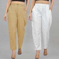 Combo Pack Of 2 Beige And White Womens Cotton Formal Pants