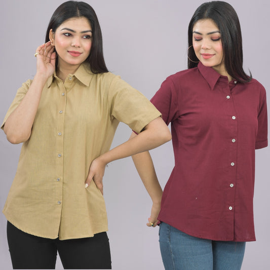 Pack Of 2 Womens Solid Beige And Wine Half Sleeve Cotton Shirts Combo