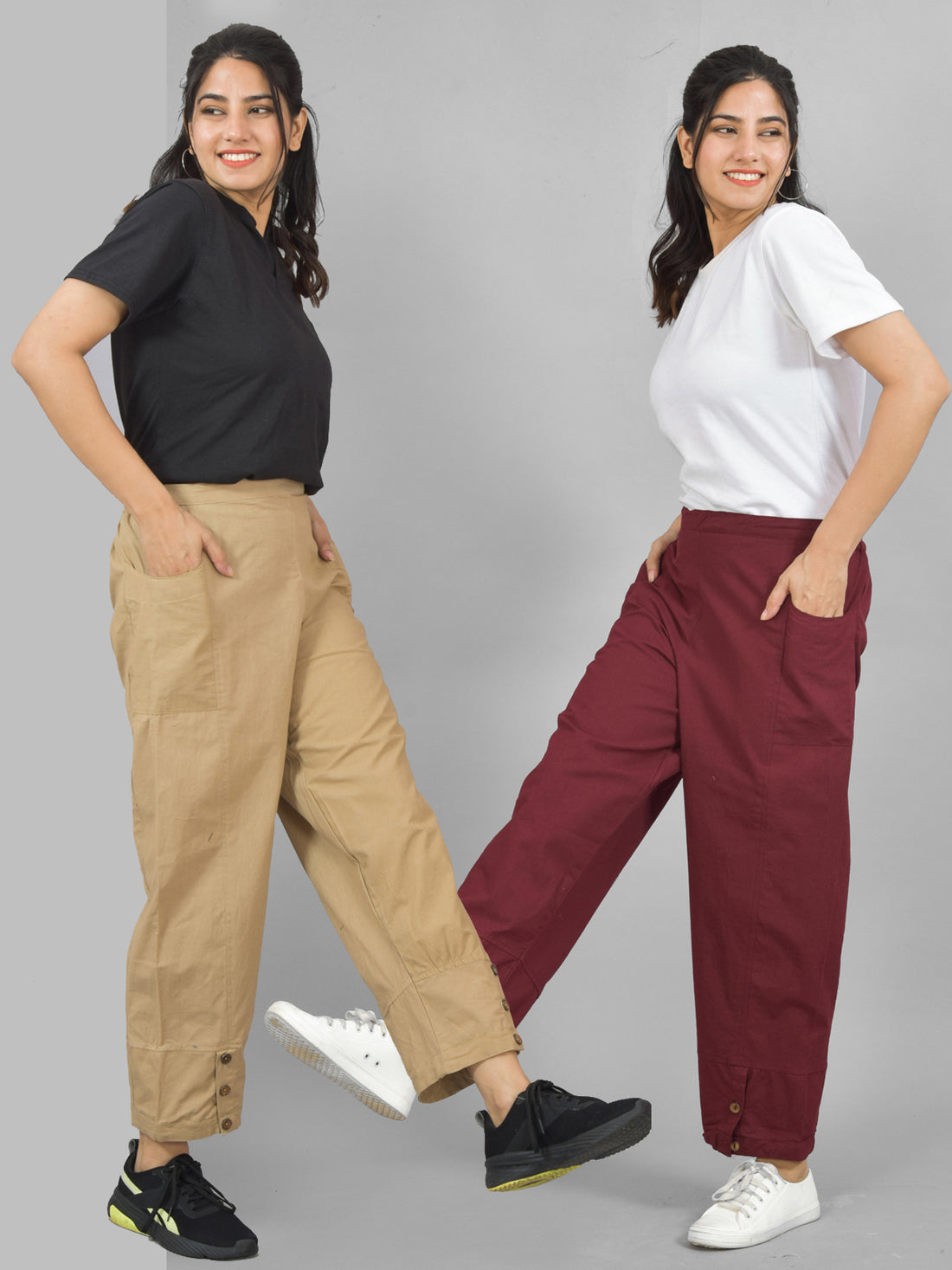 Combo Pack Of Womens Beige And Wine Side Pocket Straight Cargo Pants