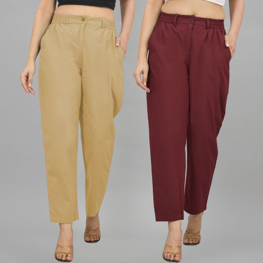 Combo Pack Of 2 Beige And Wine Womens Cotton Formal Pants