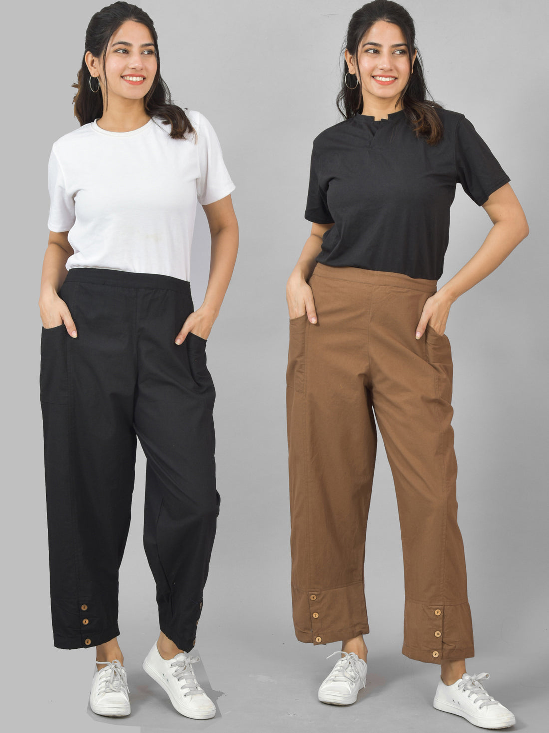 Combo Pack Of Womens Black And Brown Side Pocket Straight Cargo Pants