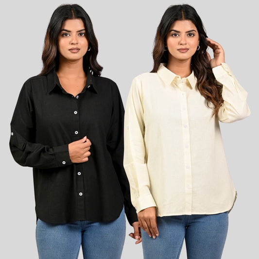 Women Black And Cream Solid Airy Linen Cotton Shirts Combo