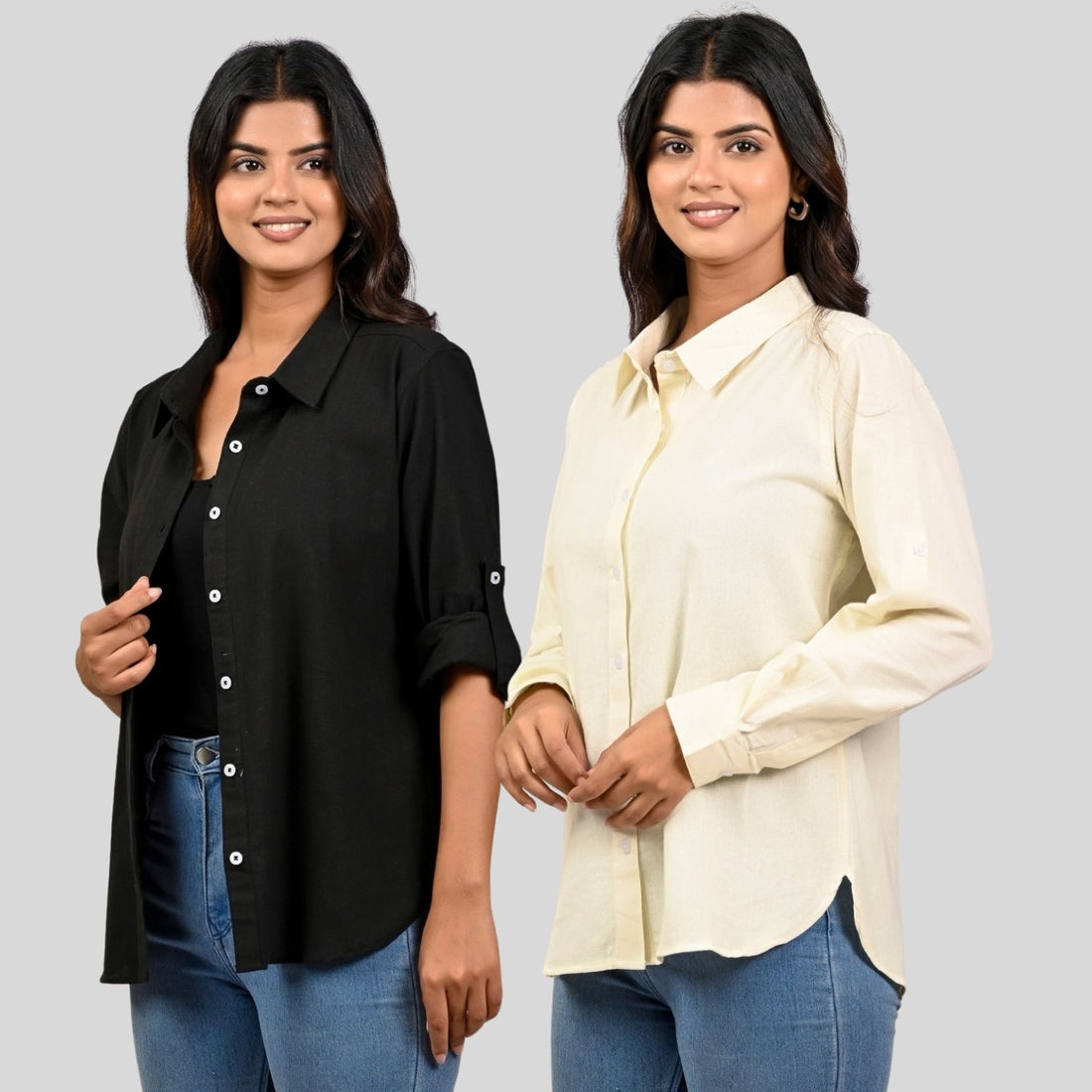 Women Black And Cream Solid Airy Linen Cotton Shirts Combo