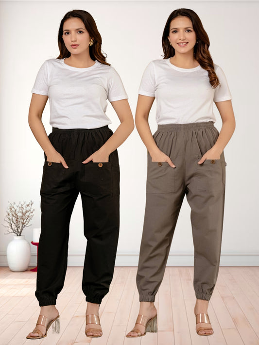 Combo Pack Of Womens Black And Grey Four Pocket Cotton Cargo Pants