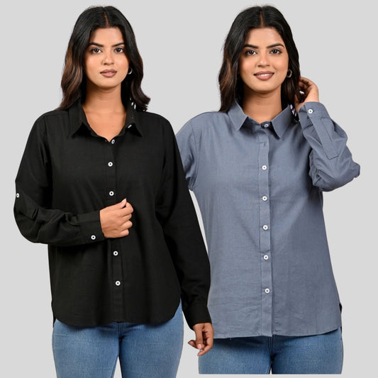 Women Black And Grey Solid Airy Linen Cotton Shirts Combo