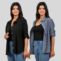 Women Black And Grey Solid Airy Linen Cotton Shirts Combo