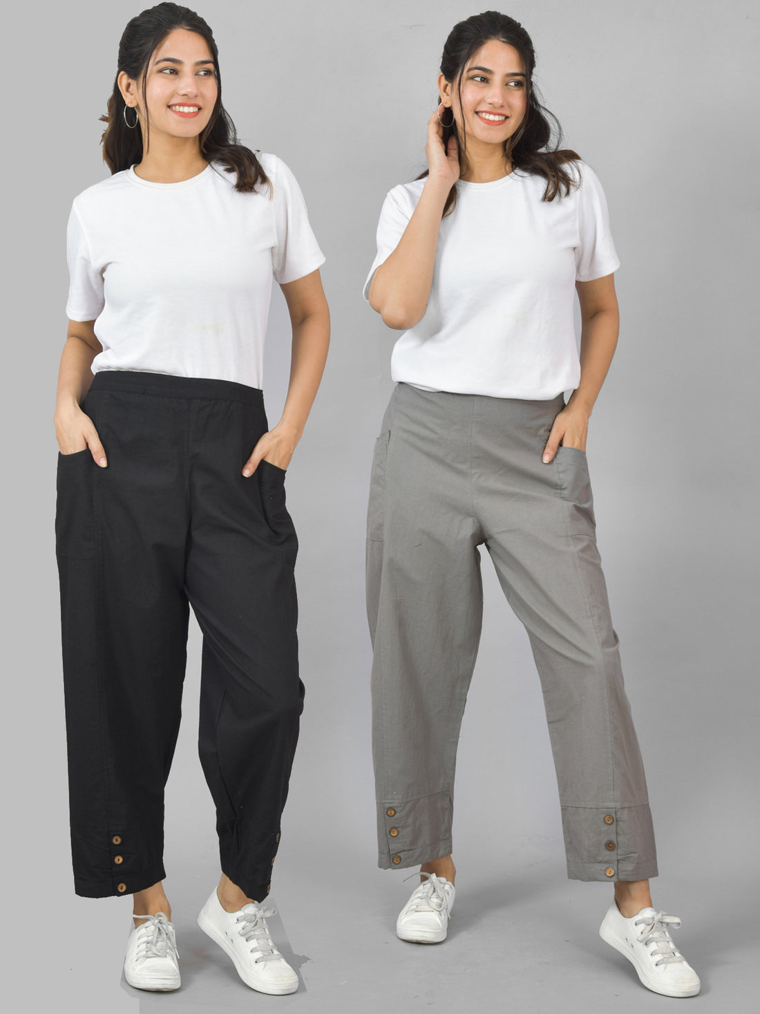 Combo Pack Of Womens Black And Grey Side Pocket Straight Cargo Pants