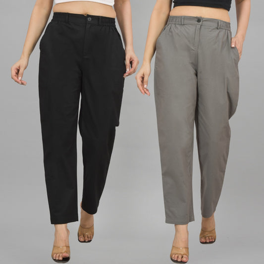 Combo Pack Of 2 Black And Grey Womens Cotton Formal Pants