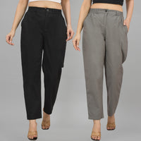 Combo Pack Of 2 Black And Grey Womens Cotton Formal Pants