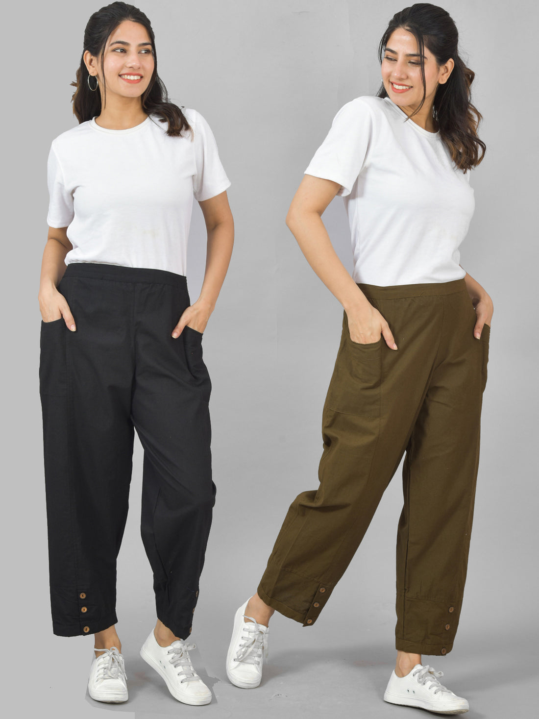 Combo Pack Of Womens Black And Mehndi Green Side Pocket Straight Cargo Pants