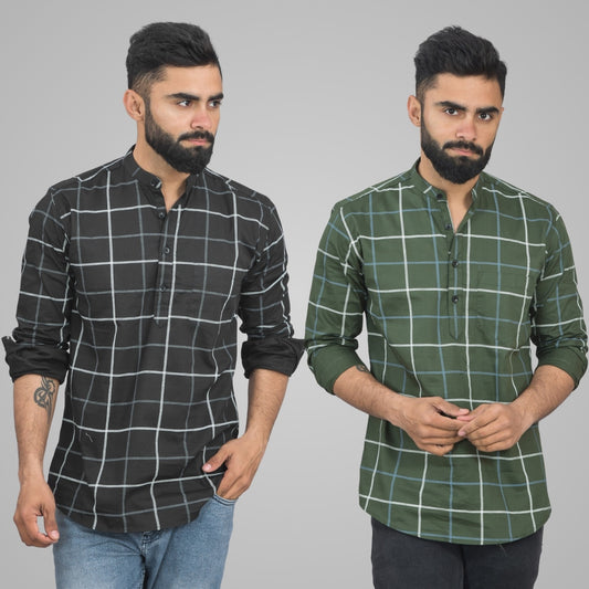 Pack Of 2 Mens Black And Mehendi Green Wide Check Cotton Short Kurta Combo