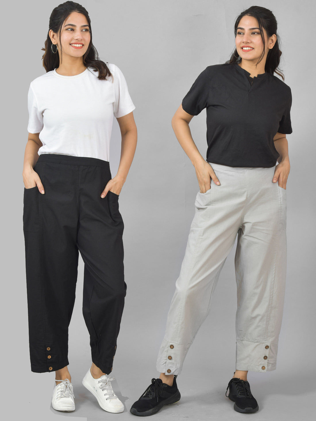 Combo Pack Of Womens Black And Melange Grey Side Pocket Straight Cargo Pants