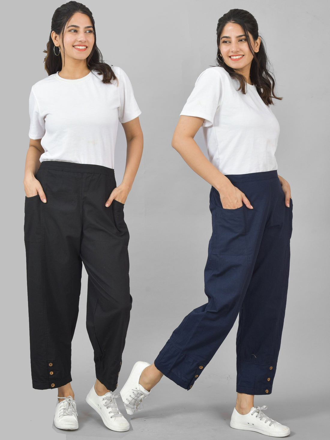 Combo Pack Of Womens Black And Navy Blue Side Pocket Straight Cargo Pants