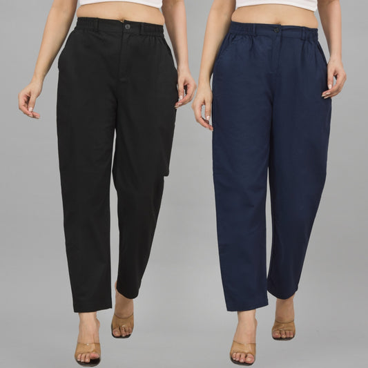 Combo Pack Of 2 Black And Navy Blue Womens Cotton Formal Pants