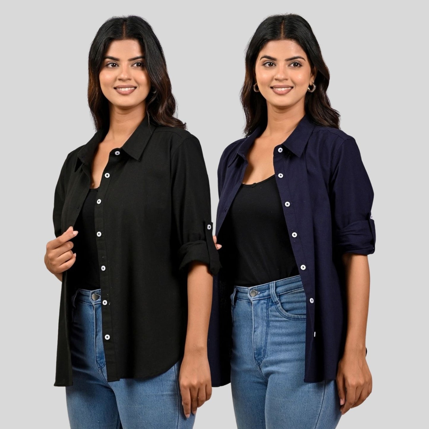 Women Black And Navy Blue Solid Airy Linen Cotton Shirts Combo