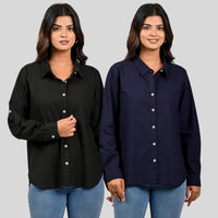 Women Black And Navy Blue Solid Airy Linen Cotton Shirts Combo