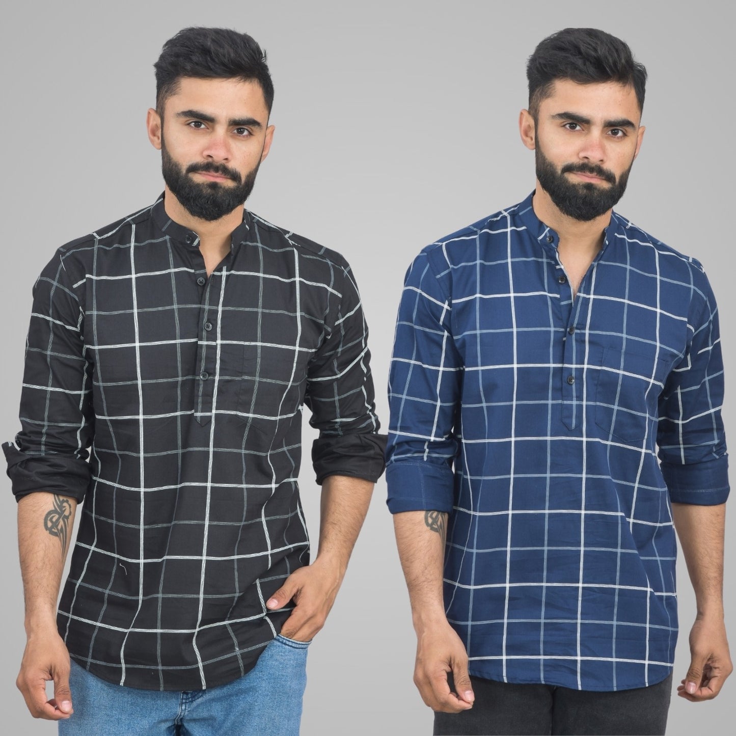 Pack Of 2 Mens Black And Navy Blue Wide Check Cotton Short Kurta Combo