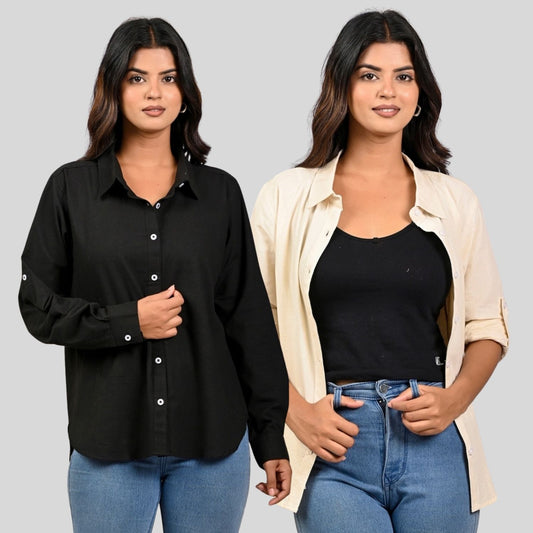 Women Black And Off White Solid Airy Linen Cotton Shirts Combo