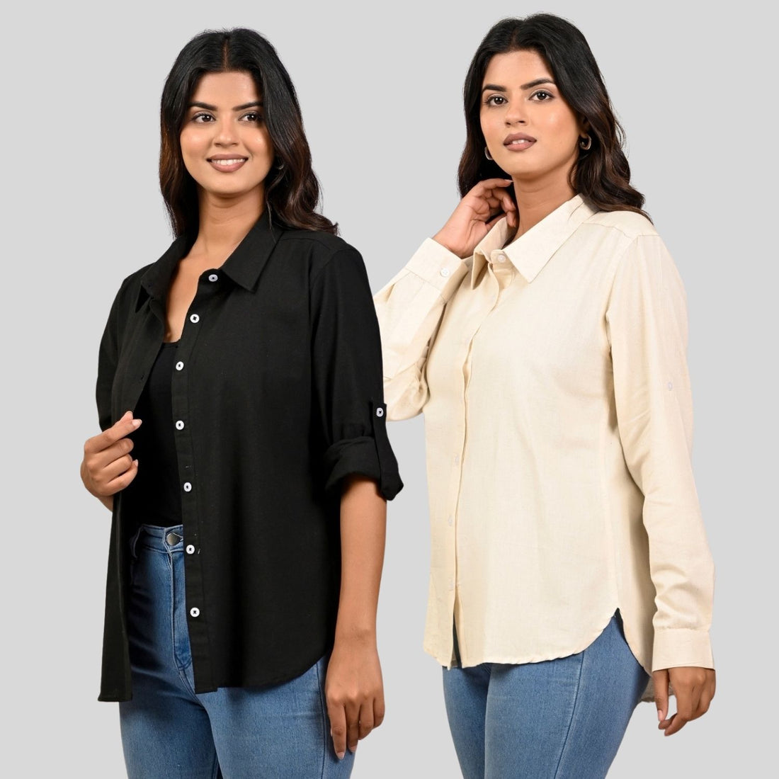 Women Black And Off White Solid Airy Linen Cotton Shirts Combo
